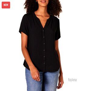 Relaxed Fit Viscose Button Down Blouse Short Sleeve V Neck Casual Top